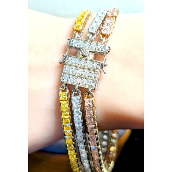 PJM 925 Sterling Pink Yellow Clear Princess Cut Three Strand Tennis Bracelet - Picture 2 of 10